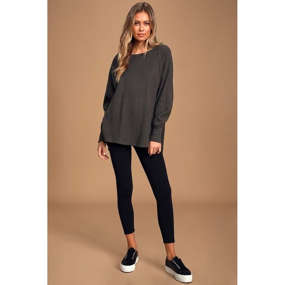 Free People Amelia Washed Black Oversized Long Sleeve Thermal Top Boho Size M - Picture 1 of 8